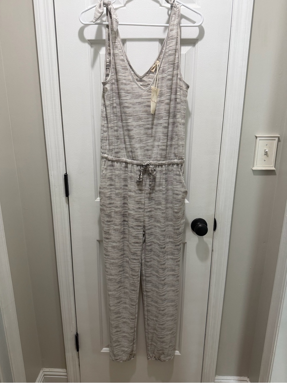 Hem & Thread Striped Tie-Shoulder Knit Jumpsuit in Light Taupe